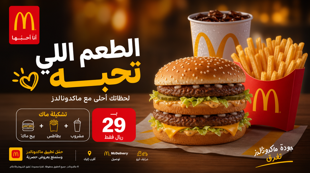McDonald's Arabic ad master, fully right-to-left: the logo and I'm lovin' it lockup sit top-right, the headline الطعم اللي تحبّه reads right to left in a joined Arabic face, and the 29 ريال price block mirrors to the correct side.