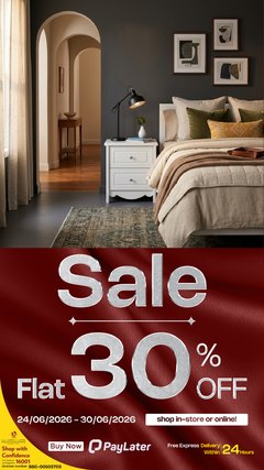 HomesRus 30% off variant: neutral bedroom with a white nightstand